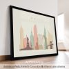 Framed artwork depicting the skyline of New York City with notable buildings and the Statue of Liberty.