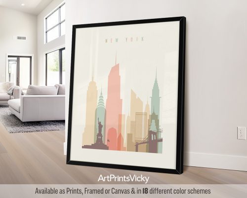 New York City print in warm pastel cream theme, modern city print by ArtPrintsVicky