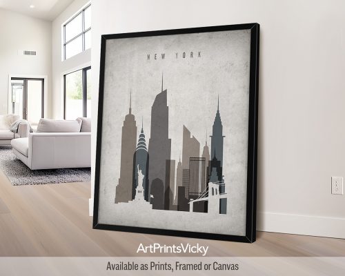 Vintage-style New York City print featuring iconic landmarks on a textured, aged background by ArtPrintsVicky.