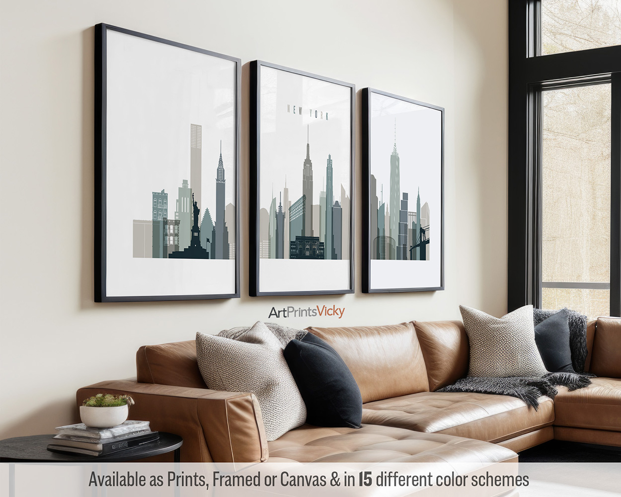 New York Set of 3 Prints in Cool Earth Colors by ArtPrintsVicky