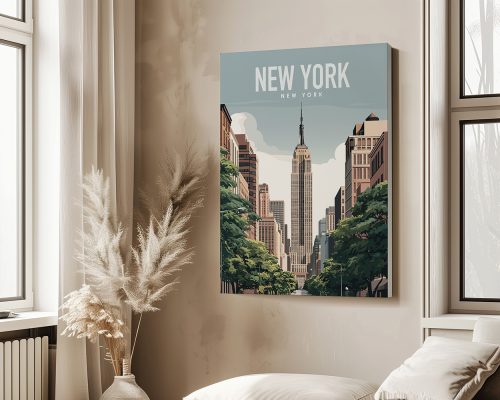 Illustration of the Empire State Building with a street view in New York City.