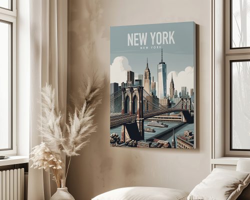Art print featuring the New York City skyline with the Brooklyn Bridge and One World Trade Center.