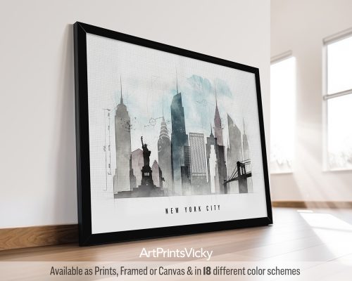 New York City landscape skyline featuring the Empire State Building, bridges, and iconic landmarks in a bold Urban 1 style with strong lines, by ArtPrintsVicky.