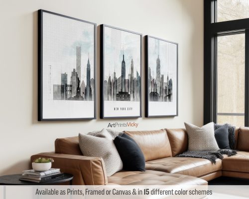 New York City skyline triptych featuring the Empire State Building, the Brooklyn Bridge, iconic landmarks, and vibrant cityscape in a bold Urban 1 style with strong lines, divided into three contemporary prints. by ArtPrintsVicky.