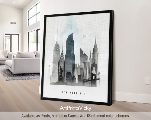 New York City print in "Urban 1" style, featuring a bold, textured style and iconic landmarks by ArtPrintsVicky.