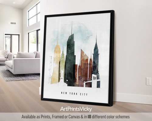 New York City skyline featuring iconic landmarks in a bold, geometric Urban 2 style with vibrant colors, by ArtPrintsVicky.