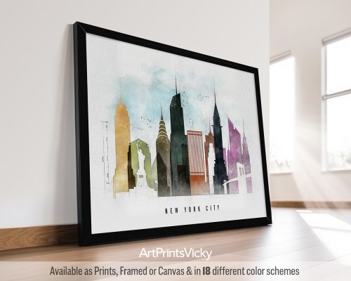 New York City landscape skyline featuring the Empire State Building, the Statue of Liberty, and other landmarks in a bold, geometric Urban 2 style with vibrant colors, by ArtPrintsVicky.