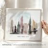 Watercolor art print of New York City skyline featuring iconic buildings and landmarks.