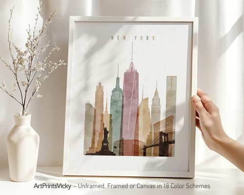 Art print of the New York City skyline featuring iconic buildings in muted colors.