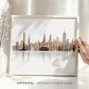 Art print of the New York City skyline featuring various iconic buildings in a minimalist style.