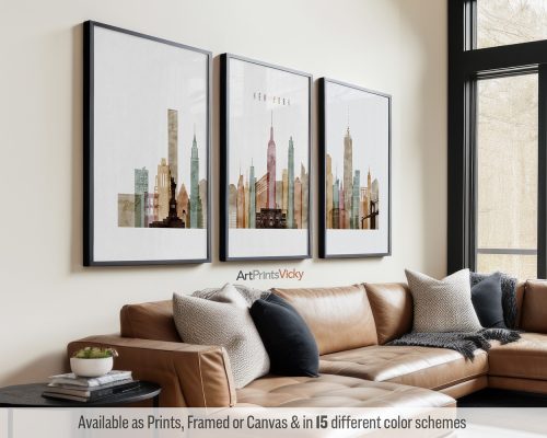 New York City skyline triptych featuring the Empire State Building, iconic landmarks, and the vibrant cityscape in a rich and textured Watercolor 1 style, divided into three contemporary posters. by ArtPrintsVicky.