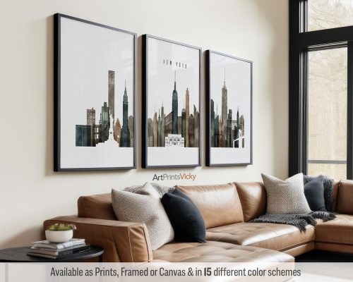 New York City skyline triptych featuring iconic skyscrapers, the vibrant cityscape, and famous landmarks in a rich and textured earthy Watercolor 2 style, divided into three contemporary posters. by ArtPrintsVicky.