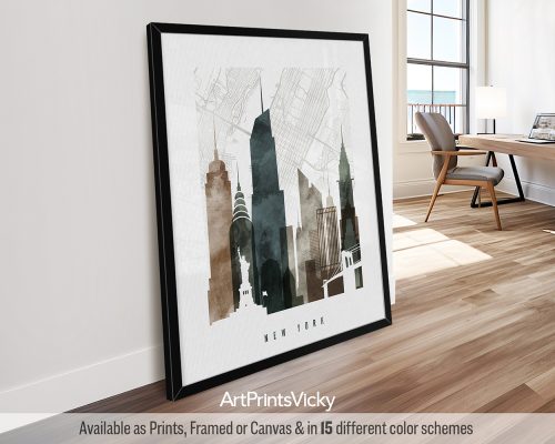 New York City minimalist map and skyline poster with a close-up view, featuring iconic landmarks, all rendered in a rich and textured earthy Watercolor 2 style. by ArtPrintsVicky.
