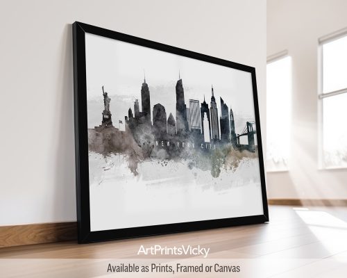 Watercolor wall art poster of the New York City skyline, featuring iconic landmarks and vibrant colors by ArtPrintsVicky.