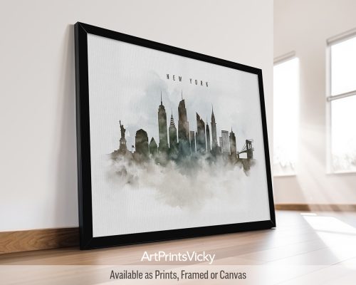 Minimalist New York cityscape art print featuring the Empire State Building, the Brooklyn Bridge, and iconic landmarks in a soft watercolor painting style, by ArtPrintsVicky.