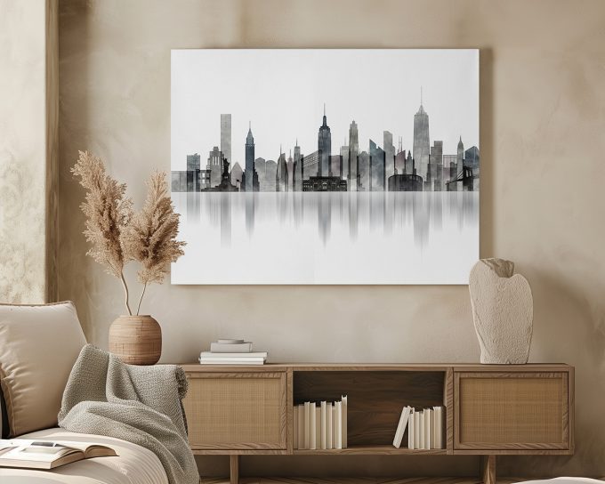 Artistic representation of the New York City skyline with a minimalist design.