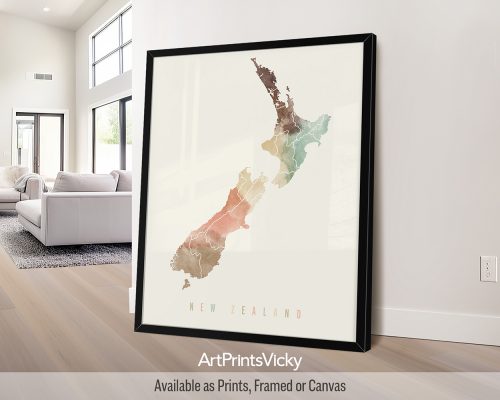 New Zealand map poster in a warm Pastel Cream watercolor style, by ArtPrintsVicky.