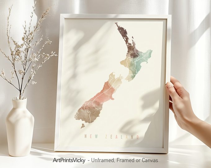 Artistic map of New Zealand displayed in a frame with soft colors and minimal design.