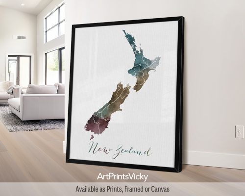 Earthy watercolor painting of the New Zealand map, with "New Zealand" written below in handwritten script, on a textured background. Perfect for lovers of Kiwi country by ArtPrintsVicky.