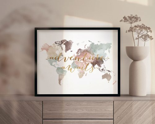 World map poster adventure awaits pastel white second