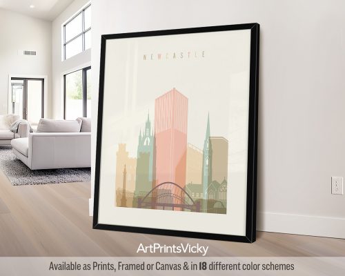 Newcastle minimalist city print in warm pastel cream theme, modern city print by ArtPrintsVicky