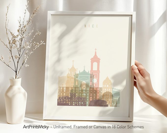 Framed artwork depicting a stylized illustration of Nice with pastel colors and architectural elements.