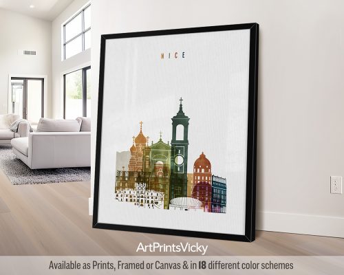 Nice, France city print featuring the Promenade des Anglais, the Old Town, Mediterranean coastline, and vibrant cityscape in a bold and expressive Watercolor 3 style, by ArtPrintsVicky.