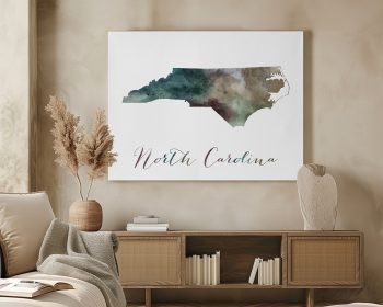 Art print of a North Carolina map with a watercolor effect and the text 'North Carolina' underneath.