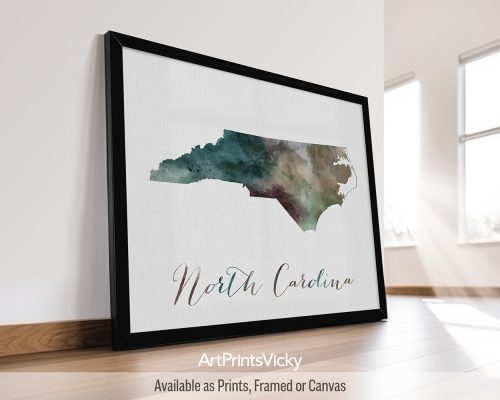 Earthy watercolor print of the North Carolina state map, with "North Carolina" written below in handwritten script, on a textured background. Perfect for lovers of the Tar Heel State, the Blue Ridge Mountains, and the Outer Banks by ArtPrintsVicky.