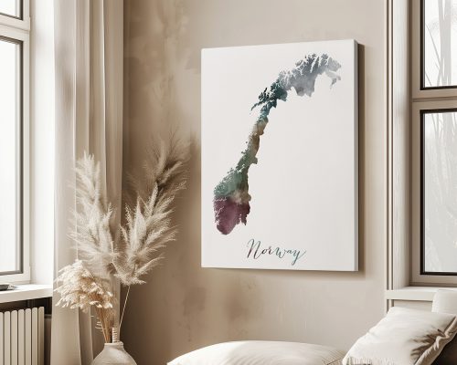 Art print of a watercolor map of Norway with a decorative font spelling 'Norway' at the bottom.