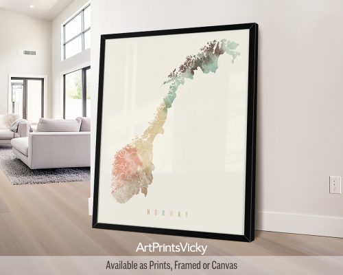 Norway map poster in a warm Pastel Cream watercolor style, by ArtPrintsVicky.