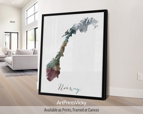 Earthy watercolor painting of the Norway map, with "Norway" written below in handwritten script, on a textured background. Perfect for those who love Scandinavian landscapes by ArtPrintsVicky.