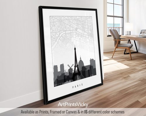 Black and white minimalist map of Paris featuring the Eiffel Tower, Louvre Museum, iconic landmarks, and street layout, all rendered in a bold black and white color scheme. Paired with a minimalist Paris skyline poster, also in black and white. by ArtPrintsVicky.