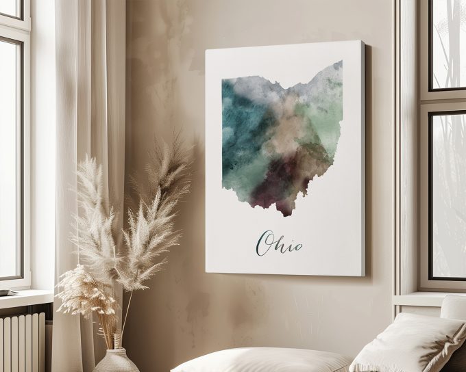 Artistic representation of the state of Ohio in watercolor style with the word 'Ohio' at the bottom.