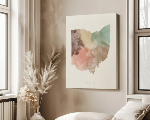 Watercolor map of Ohio featuring soft colors and abstract shapes.