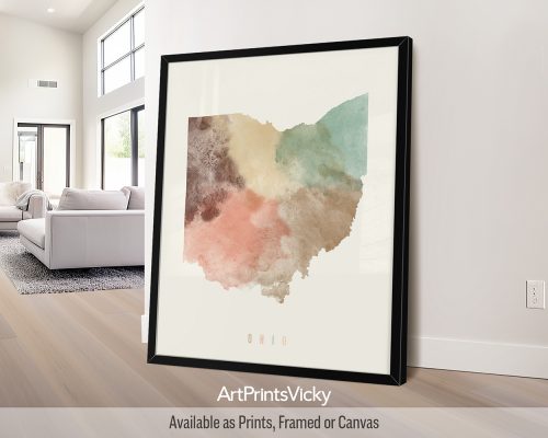 Ohio map poster in a warm Pastel Cream watercolor style, by ArtPrintsVicky.