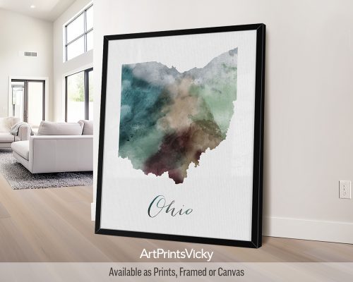 Earthy watercolor painting of the Ohio state map, with "Ohio" written below in a handwritten script, set on a textured background. For Ohio enthusiasts and those who admire its diverse landscapes by ArtPrintsVicky.