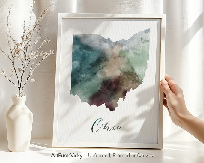 Artistic representation of the state of Ohio with watercolor effects and the name 'Ohio' at the bottom.