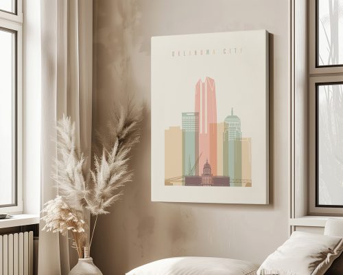 Art print of Oklahoma City skyline featuring various buildings in pastel colors.