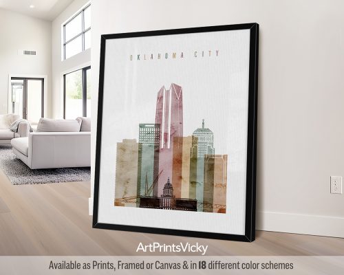 Warm watercolor art print of Oklahoma City featuring the OKC skyline, and iconic landmarks. Perfect for lovers of OKC by ArtPrintsVicky.