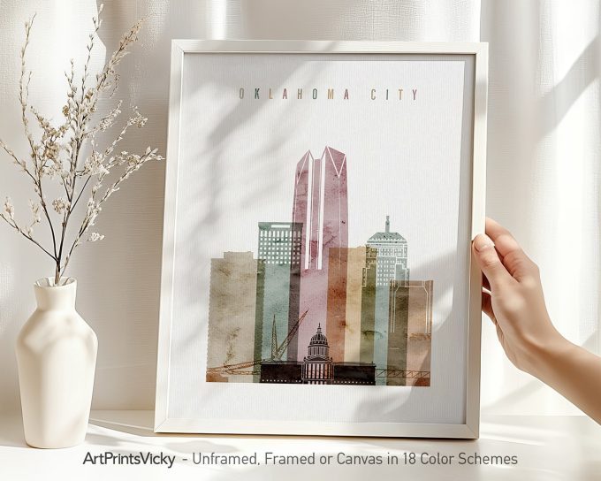 Art print featuring a stylized depiction of Oklahoma City's skyline with various buildings.