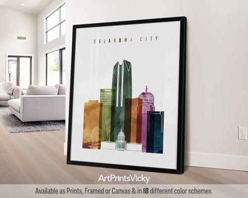 Vibrant "watercolor 3" style art print of Oklahoma City featuring the OKC skyline, and iconic landmarks. Perfect for lovers of OKC and colorful cityscapes by ArtPrintsVicky.