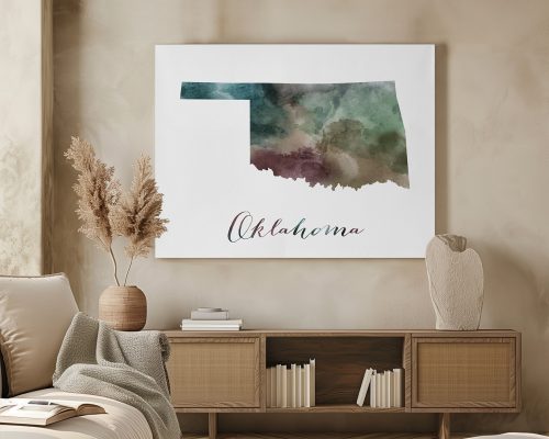 Artistic representation of the state of Oklahoma with watercolor effects and the word 'Oklahoma' below it.