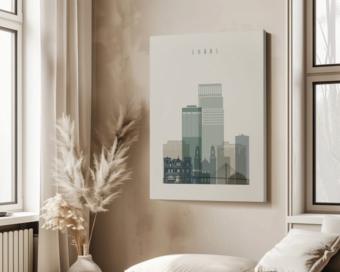 Stylized cityscape artwork of Omaha featuring various buildings in muted colors.