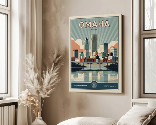 Retro-style poster featuring the skyline of Omaha, Nebraska with a bridge and stylized clouds.