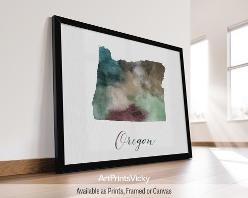 Earthy watercolor print of the Oregon state map, with 