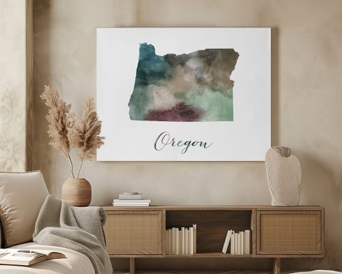 Artistic representation of the state of Oregon in watercolor style with muted colors.