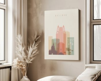 Art print featuring a stylized cityscape of Orlando with pastel colors and notable buildings.