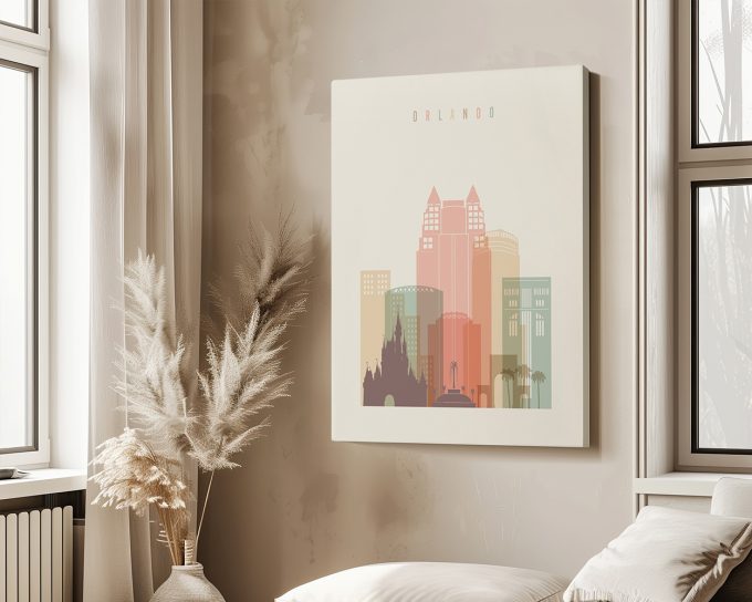 Art print featuring a stylized cityscape of Orlando with pastel colors and notable buildings.