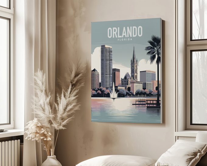 Art print featuring a stylized cityscape of Orlando, Florida with buildings and palm trees.
